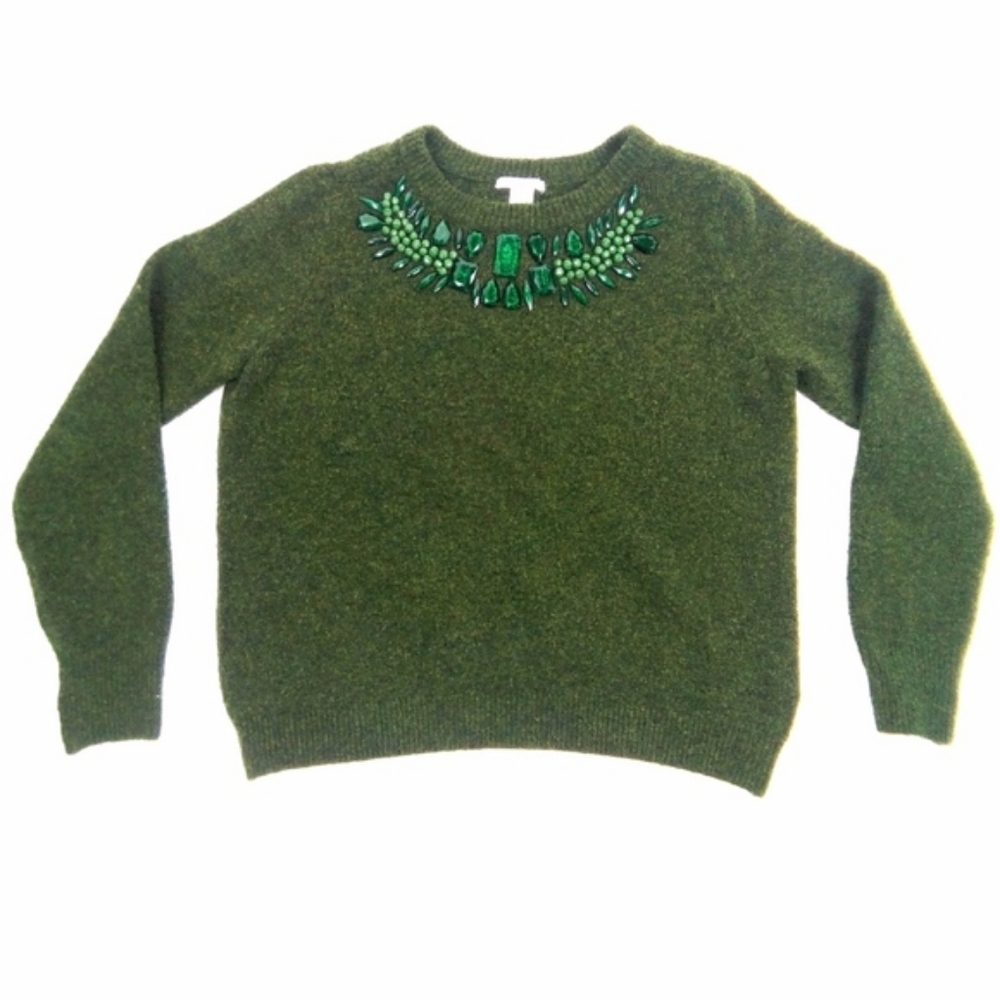 H&M jewel embellished bedazzled green jade sweater